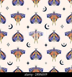 Vektormagische himmlische Muster mit Mond, Sternen und mystischen Motten. Boho abstrakter esoterischer Hintergrund mit Schmetterlingen für Mode, Stoff, Tex Stock Vektor