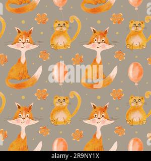 Fröhliche rote Katze und Fuchs mit Blumen und einem Ballon. Nahtloses Kindermuster mit Tieren. Die Abbildung wird von Hand gezeichnet. Stockfoto