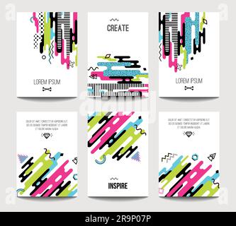 Trendige Vektor-Broschürenvorlagen mit chaotischer flacher Geometrie im memphis-Stil. Modernes minimalistisches Design für Poster, Banner, Cover-Präsentation, Flyer Stock Vektor