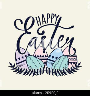 Vector Happy Easter Illustration mit dekorativen Eiern. Grußkarte mit Blumenelementen und Schriftzug. Stock Vektor