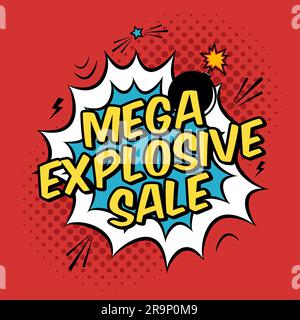 Farbenfrohe Vector-Pop-Art-Illustration mit Mega-Explosive-Sonderangebot. Dekorative Schablone mit Halbtonhintergrund und Bombenexplosion in m Stock Vektor