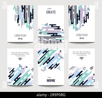 Trendige Vektor-Broschürenvorlagen mit chaotischer flacher Geometrie im memphis-Stil. Modernes minimalistisches Design für Poster, Banner, Cover-Präsentation, Flyer Stock Vektor