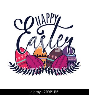 Vector Happy Easter Illustration mit dekorativen Eiern. Grußkarte mit Blumenelementen und Schriftzug. Stock Vektor