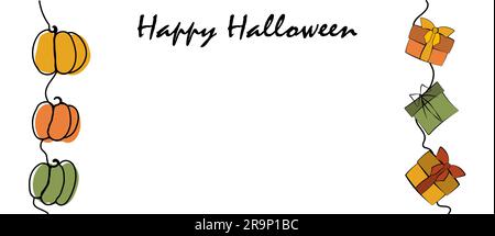 Reife Kürbisse und Geschenkboxen in verschiedenen Farben im Strichkunststil, Banner mit Kopierbereich auf weißem Hintergrund, Konzept von Happy halloween, Herbst Stock Vektor