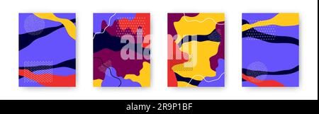 Farbenfrohes Vektorset mit abstrakten Cartoon-Texturen mit Punkten und geometrischen Elementen. Trendige Hintergründe mit dynamischen und fließenden Formen für Stock Vektor