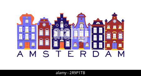 Niedliche Vektorkarte mit traditionellen Häusern. Vektorsammlung von mehrfarbigen Fassaden alter Gebäude auf weißem isoliertem Hintergrund im skandinavischen Tre Stock Vektor