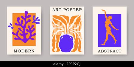 Vektorset mit abstrakten, trendigen, von Matisse inspirierten weiblichen Körperfiguren mit geometrischen Blumenkorallen-Ausschnitten. Ästhetische, kreative Blumenillustrierung Stock Vektor