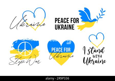 Vektorset mit ukrainischen Symbolen, Aufklebern, Symbolen, Abzeichen. Ich unterstütze die Ukraine, stoppe den Krieg, die ukrainische Flagge, den Frieden, bete für das ukrainische Konzept. Bunt krank Stock Vektor