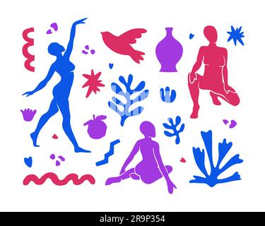 Vector-Set mit trendigen ästhetischen Elementen, inspiriert vom modernen minimalistischen Matisse-Cut-out-Style. Geometrische Formen, Blumen, Pflanzen, weibliche Figuren für Prisma Stock Vektor