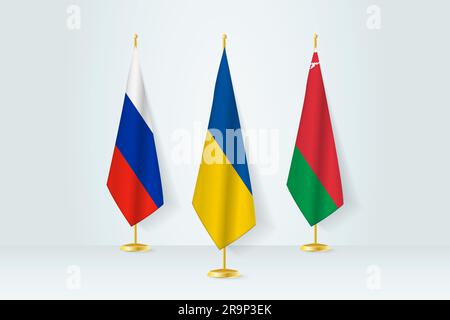 Tagungskonzept zwischen der Ukraine, Russland und Belarus. Flaggen auf einer Fahne stehen. Stock Vektor