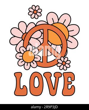 Vector Retro groovy Poster mit Blumen Friedensschild und Liebesschrift isoliert auf weißem Hintergrund Stock Vektor