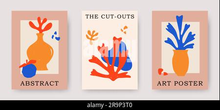 Vektorset zeitgenössischer Poster mit ästhetischen handgezeichneten abstrakten Töpfen mit Blumenkorallen. Von Creative Matisse inspirierte, ausgeschnittene Blumenillustrierungen. Stock Vektor
