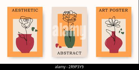 Vektorset mit einer Linie, das abstrakte Blumen in Vasen zeichnet. Handgezeichnete moderne minimalistische Poster für kreatives Logo, Symbol, Emblem, Aufdruck und Wand Stock Vektor