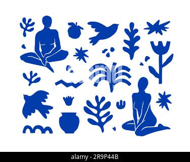 Vector-Set mit trendigen ästhetischen Elementen, inspiriert vom modernen minimalistischen Matisse-Cut-out-Style. Geometrische Formen, Blumen, Pflanzen, weibliche Figuren für Prisma Stock Vektor