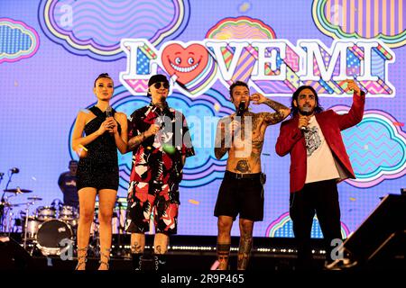 Mailand, Italien. 27. Juni 2023. Mariasole Pollio, J-AX, Fedez und Max Angioni Credit: Unabhängige Fotoagentur/Alamy Live News Stockfoto