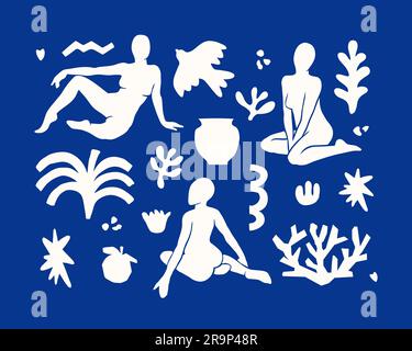 Vector-Set mit trendigen ästhetischen Elementen, inspiriert vom modernen minimalistischen Matisse-Cut-out-Style. Geometrische Formen, Blumen, Pflanzen, weibliche Figuren für Prisma Stock Vektor
