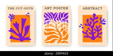 Vektorset abstrakter Blütenplakate. Trendige minimalistische ästhetische botanische Wandbilder mit Blumenpflanzen, Blättern in Hippie und Matisse Moder Stock Vektor