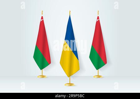 Tagungskonzept zwischen der Ukraine und Belarus. Flaggen auf einer Fahne stehen. Stock Vektor