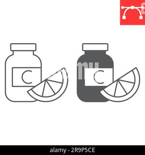 Vitamin-C-Linien- und Glyphensymbol, Supplemente und Gesundheit, Vitamin-C-Flaschenvektorsymbol, Vektorgrafiken, editierbares Konturzeichen, eps 10. Stock Vektor