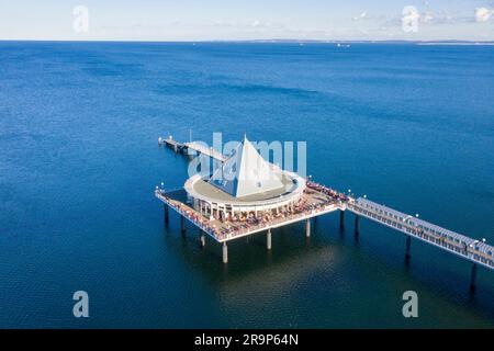 Der Vergnügungspier von Heringsdorf auf der Ostseeinsel Usedom ist aus der Luft. Mecklenburg-Vorpommern. Stockfoto