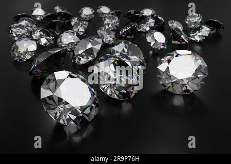 Wunderschöner glänzender Diamant mit 3D-Rendering auf schwarzer Oberfläche Stockfoto