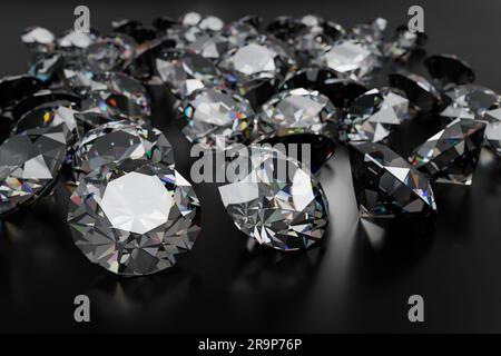 Wunderschöner glänzender Diamant mit 3D-Rendering auf schwarzer Oberfläche Stockfoto