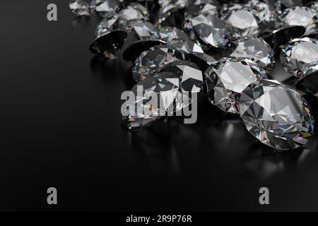 Wunderschöner glänzender Diamant mit 3D-Rendering auf schwarzer Oberfläche Stockfoto