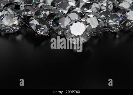 Wunderschöner glänzender Diamant mit 3D-Rendering auf schwarzer Oberfläche Stockfoto