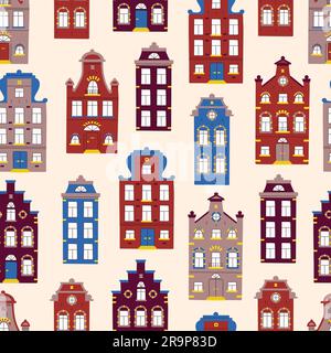 Vektorniedliches nahtloses Muster mit kritzelnden traditionellen Häusern. Vektorhintergrund mit bunten Fassaden alter Gebäude im skandinavischen, trendigen Stil. Stock Vektor