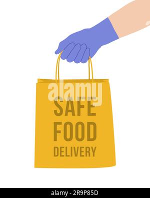 Vektorabbildung mit blauem Schutzhandschuh, der die Lieferpapiertasche mit Lebensmitteln hält. Konzeption eines sicheren Food Delivery Service während Stock Vektor