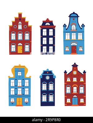 Vektorset minimalistischer traditioneller Häuser. Vektorsammlung mehrfarbiger Fassaden alter Gebäude auf weißem isoliertem Hintergrund in skandinavien Stock Vektor