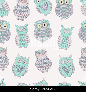 Farbenfrohes, nahtloses Muster mit süßen Eulen. Kann für Sammelalben, Textildesign, Verpackung, Grußkarten, Hintergrunddesign verwendet werden. Stock Vektor