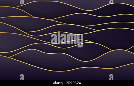 Vector-Luxus-Papier mit gewelltem Hintergrund. 3D abstrakte Dekoration, goldenes Muster, Halbtonverläufe. Schwarze Wellen bedecken Vorlage, modernes minimalistisches Banner Stock Vektor
