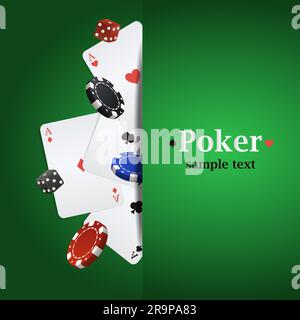 Hintergrund für Vektorpoker mit Spielkarten, Chips und Würfeln Stock Vektor
