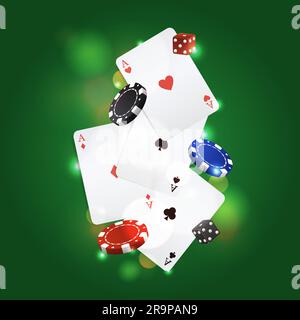 Hintergrund für Vektorpoker mit Spielkarten, Chips und Würfeln Stock Vektor
