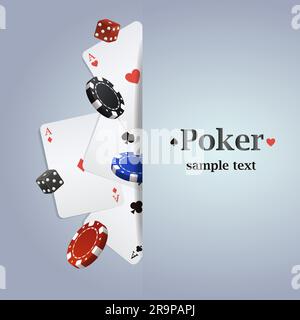 Hintergrund für Vektorpoker mit Spielkarten, Chips und Würfeln Stock Vektor
