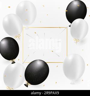 Festliches Design mit realistischen Gold- und schwarzen Ballons und glänzenden Konfetti. Auf dunklem Hintergrund. Elegantes Poster, Cover, Banner, Website, mobile App Stock Vektor