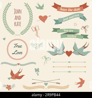Vektor-Hochzeitsset mit Vögeln, Herzen, Pfeilen, Bändern, Kränzen, Blumen, Schleifen, Lorbeer. Stock Vektor