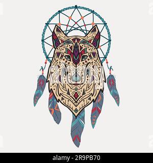 Vektor-farbenfrohe Illustration eines Wolf im Stammesstil mit ethnischen Ornamenten und Traumfänger. Amerikanische indianermotive. Totem-Tattoo. Boho-Design. Stock Vektor