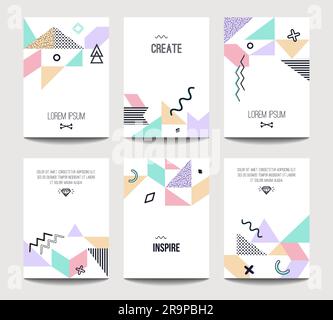 Trendige Vektor-Broschürenvorlagen mit chaotischer flacher Geometrie im memphis-Stil. Modernes minimalistisches Design für Poster, Banner, Cover-Präsentation, Flyer Stock Vektor