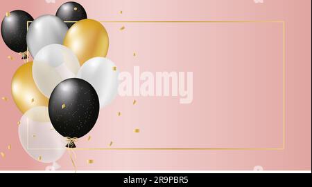 Festliches Design mit realistischen Gold- und schwarzen Ballons und glänzenden Konfetti. Auf dunklem Hintergrund. Elegantes Poster, Cover, Banner, Website, mobile App Stock Vektor