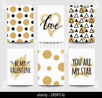 Vektorset mit Liebeskarten für die Hochzeit und den Valentinstag mit goldenen Glitzereffekten. Einladungs-, Grußkarten-, Poster-Design-Vorlagen. Stock Vektor
