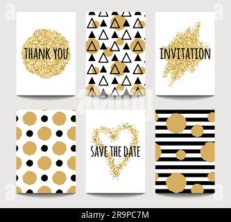 Vektorset mit Liebeskarten für die Hochzeit und den Valentinstag mit goldenen Glitzereffekten. Einladungs-, Grußkarten-, Poster-Design-Vorlagen. Stock Vektor