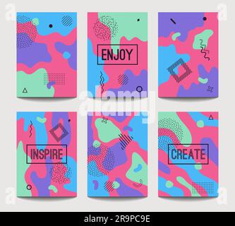 Vector abstrakte A4-Broschüren-Cover-Vorlagen mit modernen, flüssigen Spritzer geometrischer Formen, Linien und Punkte im trendigen memphis-Stil. Stock Vektor