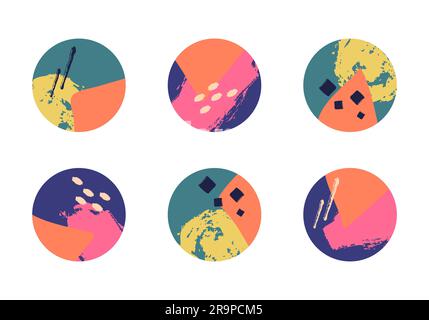 Vektorset mit verschiedenen farbenfrohen Cover für Geschichten in sozialen Medien. Abstrakte runde Symbole mit flüssigen Formen, Linien und geometrischen Elementen. Hand dra Stock Vektor