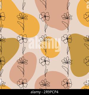 Vektornahtloses Muster einer Linie, das abstrakte Blumen und geometrische Flüssigkeitsformen zeichnet. Handgezeichnetes, modernes minimalistisches Design für Mode, Print und Tee Stock Vektor