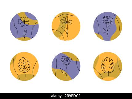 Vektorset mit verschiedenen farbenfrohen Cover für Geschichten in sozialen Medien. Abstrakte runde Symbole mit flüssigen Formen, Linien und geometrischen Elementen. Hand dra Stock Vektor