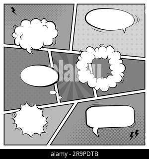 Vektor-Schwarzweiß-Vorlage einer Retro-Comic-Seite mit verschiedenen Sprechblasen, Strahlen, Sternen, Punkten und Halbtonhintergrund Stock Vektor