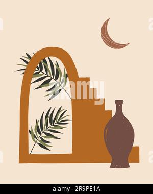 Zeitgenössische Zusammensetzung mit ästhetischen handgezeichneten abstrakten Pflanzen, Töpfen, marokkanischen Treppen und Bogen. Kreativer minimalistischer künstlerkont aus der Mitte des Jahrhunderts Stock Vektor