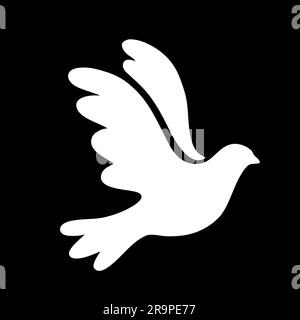 Vektordarstellung der weißen fliegenden Vogeltaube als Friedenssymbol isoliert auf schwarzem Hintergrund. Flaches Symbol Stock Vektor